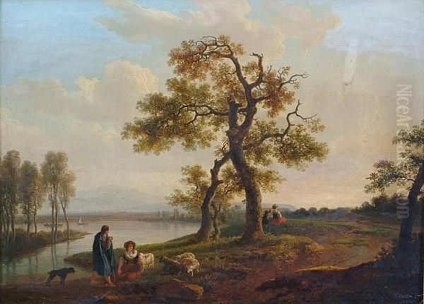 A River Landscape With A Shepherd And Shepherdess Resting On A Bank Oil Painting by Jean-Baptiste Bocquet