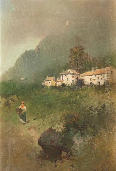 Bimba Con Capretta Nel Parco E Contadinella In Campagna (2 Works) Oil Painting by Salvatore Petruolo