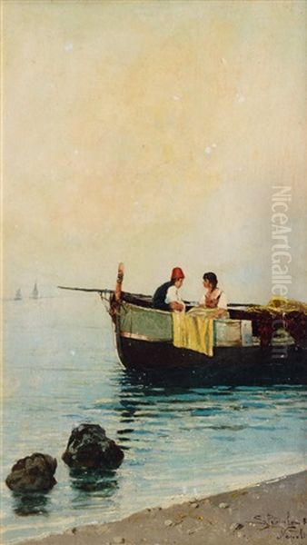 Neapolitan Lovers In A Fishing Boat Oil Painting by Salvatore Petruolo