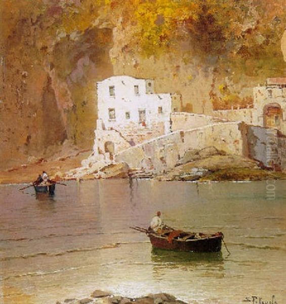 A Mediterranean Coastal Scene With A Figure In A Boat In The Foreground Oil Painting by Salvatore Petruolo