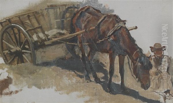 Hungarian Cart With Seated Farmer Oil Painting by August Xaver Carl von Pettenkofen