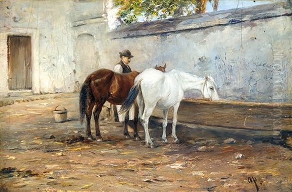 Watering Oil Painting by August Xaver Carl von Pettenkofen