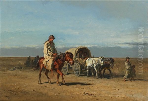 Travelling Gypsies Oil Painting by August Xaver Carl von Pettenkofen