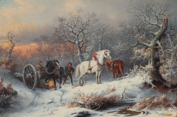 Winter Genre Painting With Loggers And Work Horses Oil Painting by August Xaver Carl von Pettenkofen