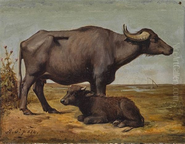 Wasserbuffel In Der Puszta Oil Painting by August Xaver Carl von Pettenkofen