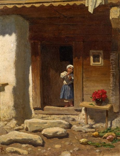 Girl In The Door Of A Farmhouse In Salzburg Oil Painting by August Xaver Carl von Pettenkofen