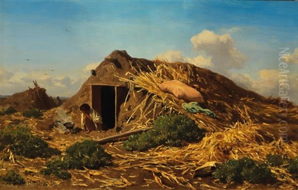 Gypsy Boy By A Hut Oil Painting by August Xaver Carl von Pettenkofen