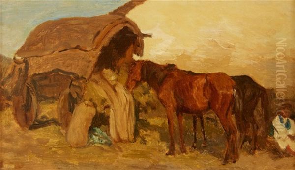 Horses By A Wagon Oil Painting by August Xaver Carl von Pettenkofen