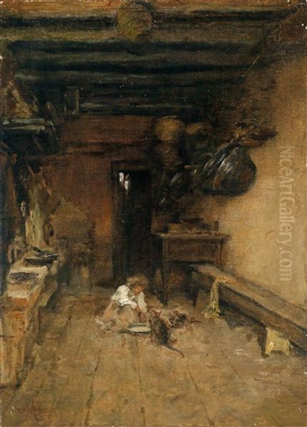 Kitchen In Riva Oil Painting by August Xaver Carl von Pettenkofen