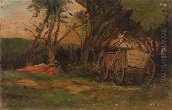 Farmer's Cart Beneath Trees Oil Painting by August Xaver Carl von Pettenkofen