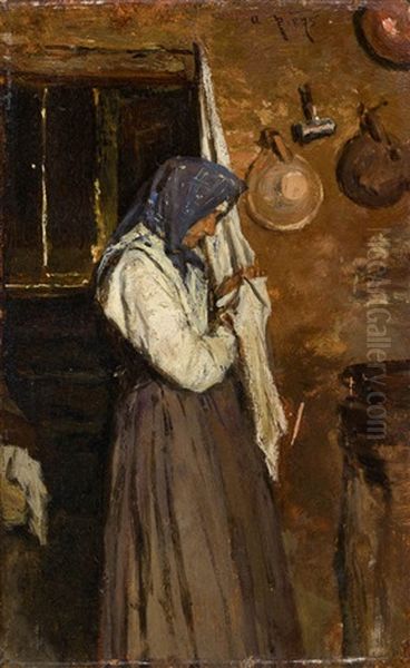 Frau Bei Der Kuchenarbeit Oil Painting by August Xaver Carl von Pettenkofen