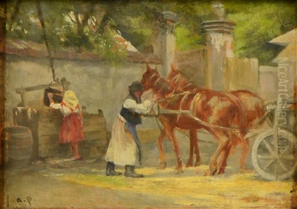 Horses Oil Painting by August Xaver Carl von Pettenkofen