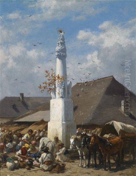 Geschirrmarkt In Szolnok Oil Painting by August Xaver Carl von Pettenkofen