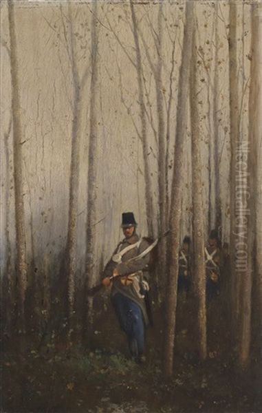 Wald Mit Soldaten Oil Painting by August Xaver Carl von Pettenkofen