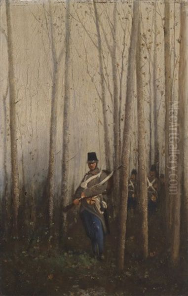 Wald Mit Soldaten Oil Painting by August Xaver Carl von Pettenkofen