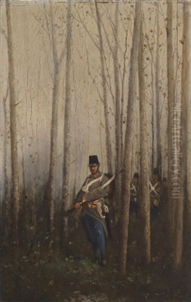 Wald Mit Soldaten Oil Painting by August Xaver Carl von Pettenkofen