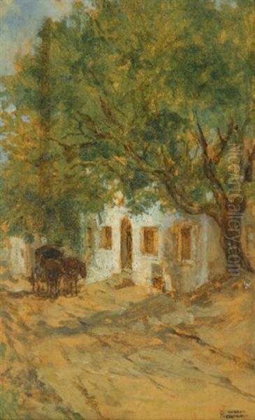 A Village Street Oil Painting by August Xaver Carl von Pettenkofen