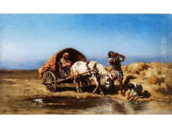 Zigeunerwagen An Der Wassertranke Oil Painting by August Xaver Carl von Pettenkofen