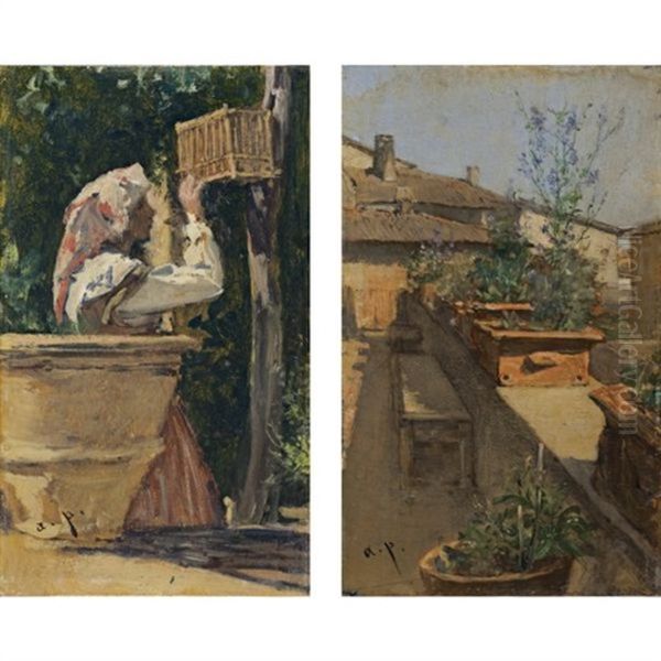 Ein Madchen Beim Vogelkafig (the Birdcage)(+ Ein Dachgarten (a Roof Garden): Pair) Oil Painting by August Xaver Carl von Pettenkofen