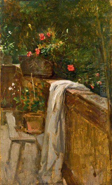 Balkon Mit Blumenkasten Oil Painting by August Xaver Carl von Pettenkofen