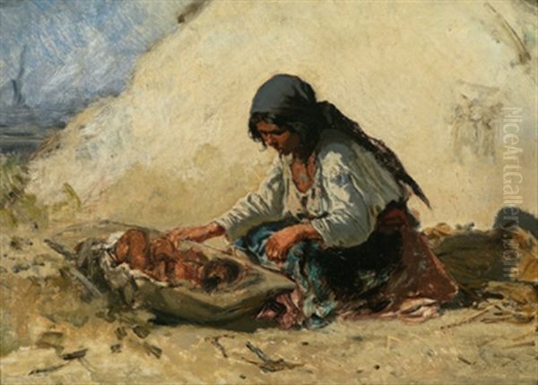 Zigeunermadel, Ein Kind In Einer Mulde Wiegend Oil Painting by August Xaver Carl von Pettenkofen