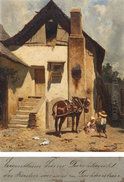 Niederostereichisher Bauernhaus - Austrian Farmhouse Oil Painting by August Xaver Carl von Pettenkofen