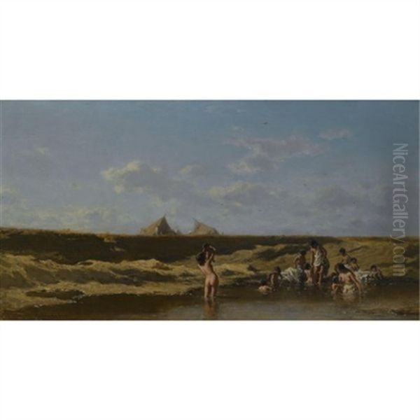 Landschaft Mit Badenden Zigeunerinnen (landscape With Bathing Gypsies) Oil Painting by August Xaver Carl von Pettenkofen