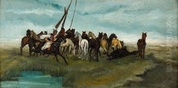 Pusztalandschaft Mit Pferden Oil Painting by August Xaver Carl von Pettenkofen