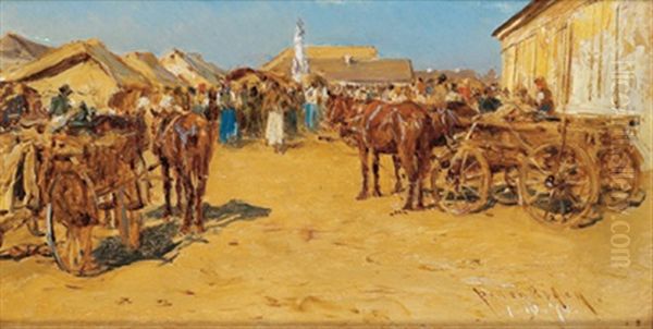 Markttag In Einem Ungarischen Dorf Oil Painting by August Xaver Carl von Pettenkofen