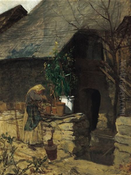 Frau Mit Topfpflanzen Vor Einem Bauernhaus Oil Painting by August Xaver Carl von Pettenkofen