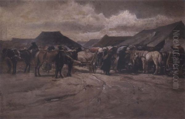 Markttag Vor Einem Ungarischen Dorf Oil Painting by August Xaver Carl von Pettenkofen