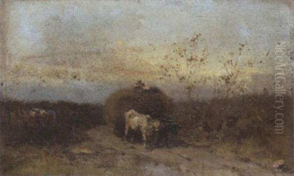 Heimkehrender Bauer Mit Heuwagen Oil Painting by August Xaver Carl von Pettenkofen