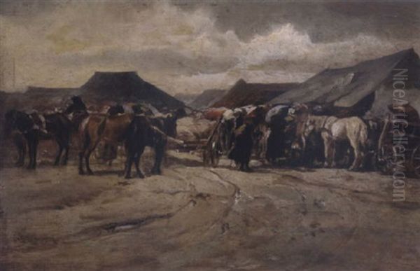 Markttag Vor Einem Ungarischen Dorf Oil Painting by August Xaver Carl von Pettenkofen