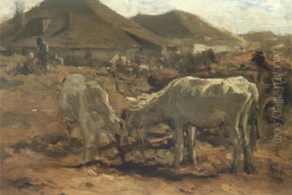 Ungarisches Dorf. Vorne Ausgespannte Ochsen Bei Einem Wagen Oil Painting by August Xaver Carl von Pettenkofen