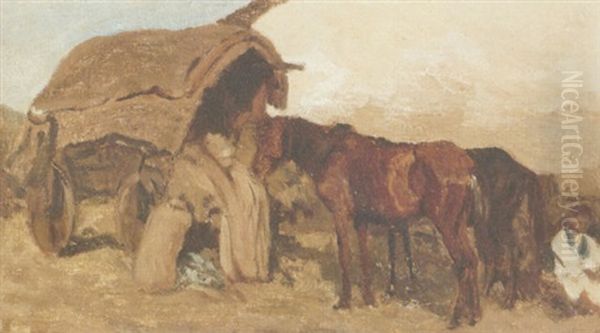 Horses Beside A Wagon by August Xaver Carl von Pettenkofen