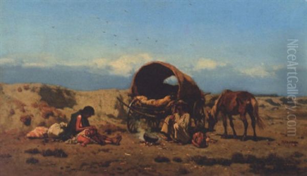 Travellers With Their Wagon In A Landscape Oil Painting by August Xaver Carl von Pettenkofen