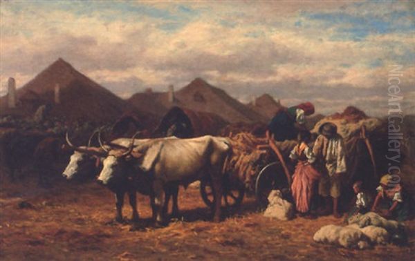 Loading A Wagon Oil Painting by August Xaver Carl von Pettenkofen