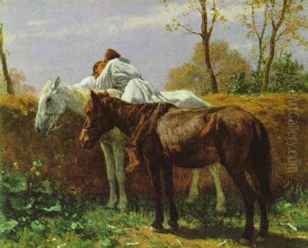 Der Kus Oil Painting by August Xaver Carl von Pettenkofen