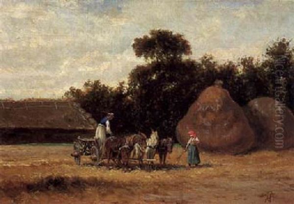 Ungarischer Bauernhof Mit Baumen Und Strohschobern Oil Painting by August Xaver Carl von Pettenkofen