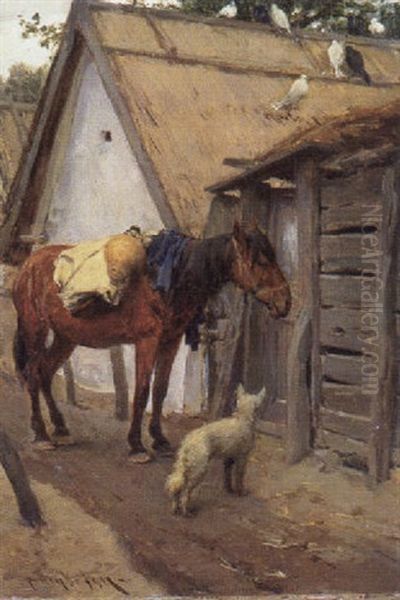 Pferd Und Hund In Der Dorfstrase Oil Painting by August Xaver Carl von Pettenkofen