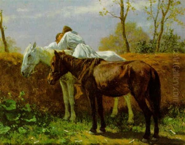 Der Kus Oil Painting by August Xaver Carl von Pettenkofen