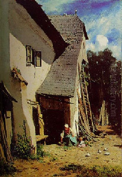 Klosterneuburger Bauernhaus Mit Bauerin Und Kind Oil Painting by August Xaver Carl von Pettenkofen