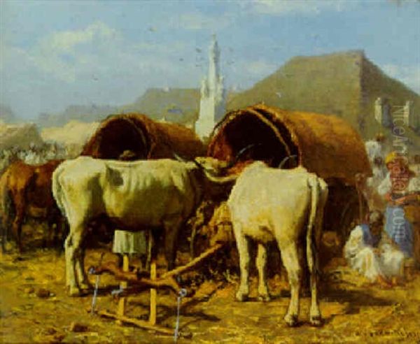 Markt In Szolnok, Vorne Zwei Ausgespannte Ochsen Oil Painting by August Xaver Carl von Pettenkofen