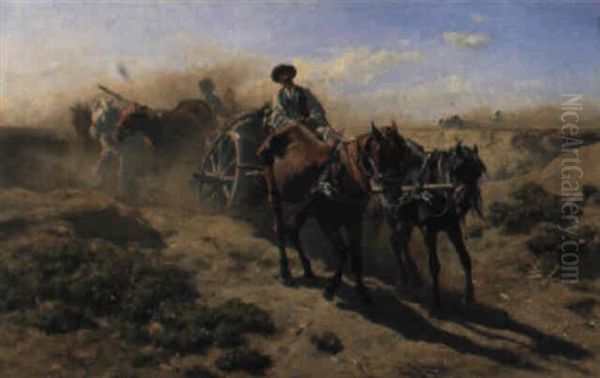 Pferdefuhrwerk In Puszta-landschaft Oil Painting by August Xaver Carl von Pettenkofen