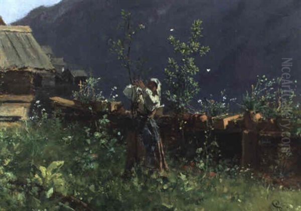 Bauerngarten In Hallstatt Oil Painting by August Xaver Carl von Pettenkofen