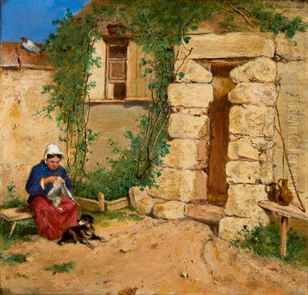 Idylle Vor Dem Haus Oil Painting by Ferdinand Von Pettenkofen