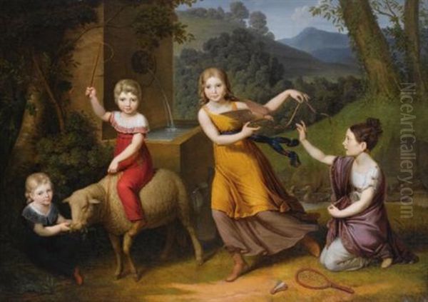 Portrait Of Four Children, Full Length, In A Landscape, With A Sheep And Turtle Doves Oil Painting by Anton Petter