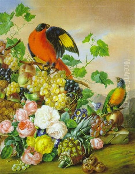 Groses Blumenstilleben Mit Zwei Papageien Oil Painting by Anton Petter