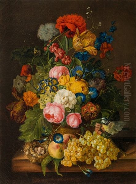 Still Life With Flowers, Grapes And A Bird's Nest by Franz Xaver Petter