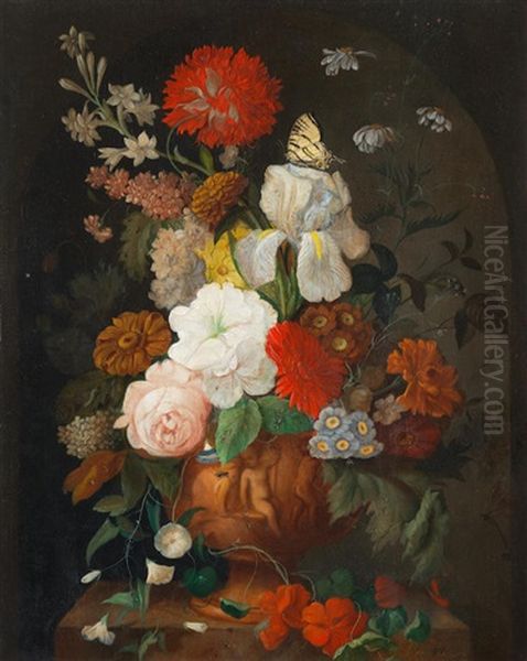 An Iris, Roses, Auriculas And Other Flowers In An Urn On A Stone Ledge, With A Butterfly Oil Painting by Franz Xaver Petter